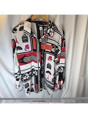 Karl Lagerfeld Paris Women's L White Multicolored  Long Sleeve Dress Shirt Sheer